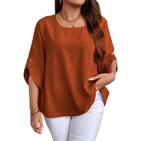 WDIRARA Women's Plus Size Swiss Dots Round Neck Button 3/4 Sleeve Blouse Casual Top