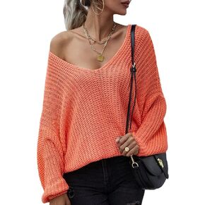 Women's Long Sleeve Casual Knit Sweater V Neck Solid Color Pullover Jumper Tops