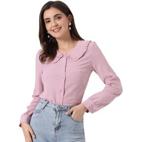 Allegra K Women's Swiss Dots Blouse Long Sleeve Peter Pan Collar Button Down Shirt