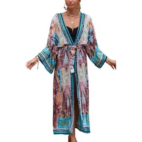 YouKD Women's Bohemian Cardigan Maxi Dress Beach Coverup Robe Long Kimono Robs One Size