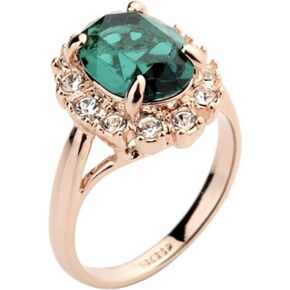Rose Gold Plated Oval Shaped Gem Style Ring with Emerald Green Swarovski element Crystal and Clear Round Shaped Cubic Zirconia Fashion Jewelry for Women