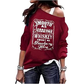 Susongeth Smooth As Tennessee Whiskey Sweet As Strawberry Wine off Shoulder Sweatshirt Women Retro Country Music Pullover Top