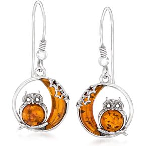 Ross-Simons Amber Owl and Crescent Moon Drop Earrings in Sterling Silver