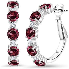 Gem Stone King 925 Sterling Silver Red Rhodolite Garnet and White Moissanite Hoop Earrings For Women (4.00 Cttw, Round 4MM and 1.9MM, Gemstone Birthstone 1 Inch Diameter)