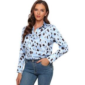 Women's Long Sleeve Lapel Leopard Print V Neck Button Down Shirt Blouse