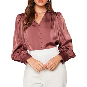 بلوزة نسائية أنيقة من MakeMeChic من الساتان برقبة على شكل حرف V وأكمام طويلة مكشكشة وأزرار أمامية للعمل المكتبي in Kuwait