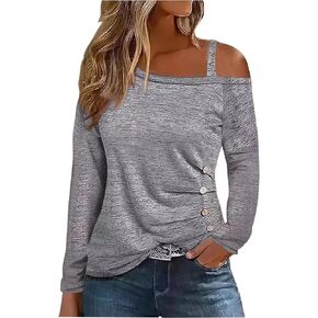 Long Sleeve Sexy Off Shoulder T Shirts Tops for Women Lace Blouse Casual Criss Cross One Sided Cold Shoulder Tunic Shirt