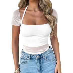 CSDAJIO Sheer Mesh Short Sleeve Crop Top Square Neck Cropped T Shirt Cute Tops for Women Trendy in Kuwait