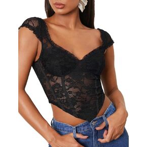 WDIRARA Women's Floral Lace Mesh Sweetheart Neck Asymmetrical Hem Cap Sleeve Blouse Top