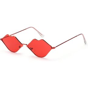 Sexy Lips Shape Irregular Sunglasses,Retro Glasses,Small Frame Metal Lips Sunglasses(F,Red-Red)
