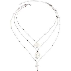 Tiande Multilayer Necklace, Silver Cross Virgin Mary Pendant Chain Christian Necklace Catholic Choker