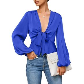 بلوزات نسائية من Fessceruna من الساتان برقبة على شكل حرف V وأكمام منتفخة وقمصان علوية مثيرة برباط أمامي من Peplum in Kuwait