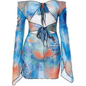 JasmyGirls Womens Rave Outfits for Festival Butterfly Two Piece Set Long Sleeves Dress Mesh Top Skirt Club Wear