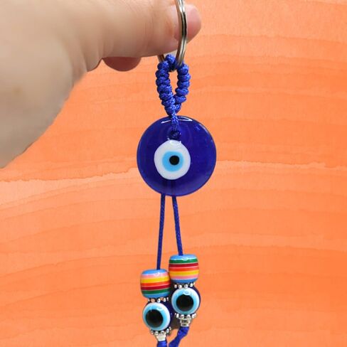 MyfavoriteK Rainbow Handmade Turkish Evil Eye Keychain Good Luck Charms Evil Eye Ornament for Car Key Ring, 1 Eye and 2 Beads, S in Kuwait