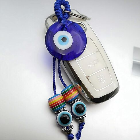 MyfavoriteK Rainbow Handmade Turkish Evil Eye Keychain Good Luck Charms Evil Eye Ornament for Car Key Ring, 1 Eye and 2 Beads, S in Kuwait