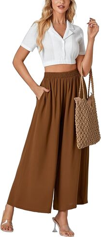 بنطال Palazzo نسائي واسع الساق وخصر مرن وفضفاض in Kuwait