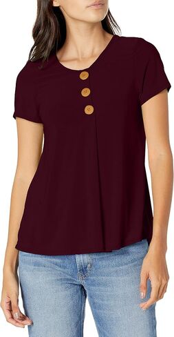 Star Vixen Women's Petite Elbow Sleeve Button Front Flowy Tank Top with Pleated Detail in Saudi Arabia