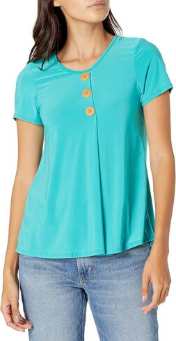 Star Vixen Women's Petite Elbow Sleeve Button Front Flowy Tank Top with Pleated Detail in Saudi Arabia