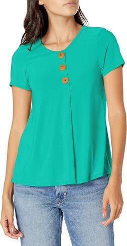 Star Vixen Women's Petite Elbow Sleeve Button Front Flowy Tank Top with Pleated Detail in Saudi Arabia