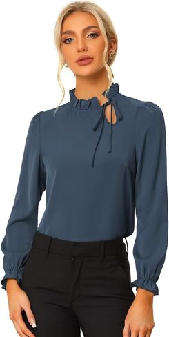 Allegra K Women's Elegant Long Sleeve Blouse Ruffle Tie Neck Business Work Top in Saudi Arabia