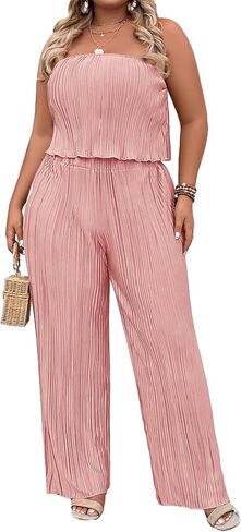 MakeMeChic Women's Plus Size 2 Piece Outfits Sleeveless Strapless Bandeau Crop Tube Top Wide Leg Pants Summer Sets in Saudi Arabia