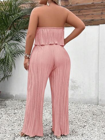 MakeMeChic Women's Plus Size 2 Piece Outfits Sleeveless Strapless Bandeau Crop Tube Top Wide Leg Pants Summer Sets in Saudi Arabia