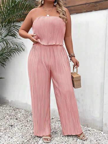 MakeMeChic Women's Plus Size 2 Piece Outfits Sleeveless Strapless Bandeau Crop Tube Top Wide Leg Pants Summer Sets in Saudi Arabia