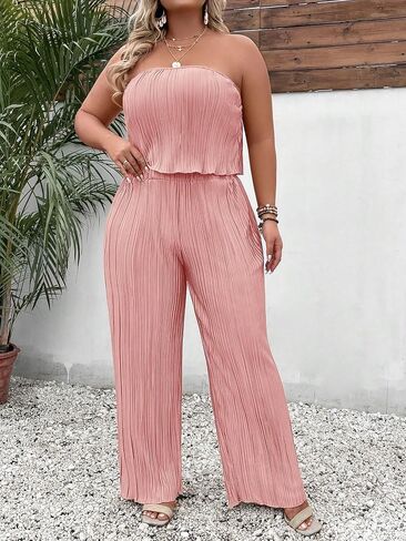 MakeMeChic Women's Plus Size 2 Piece Outfits Sleeveless Strapless Bandeau Crop Tube Top Wide Leg Pants Summer Sets in Saudi Arabia
