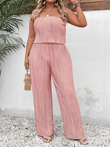 MakeMeChic Women's Plus Size 2 Piece Outfits Sleeveless Strapless Bandeau Crop Tube Top Wide Leg Pants Summer Sets in Saudi Arabia