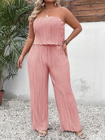 MakeMeChic Women's Plus Size 2 Piece Outfits Sleeveless Strapless Bandeau Crop Tube Top Wide Leg Pants Summer Sets in Saudi Arabia