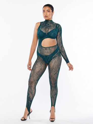 Savage X Fenty, Women's, Cold-Hearted Snake Asymmetrical Lace Catsuit, Hunter Green, Missy in Saudi Arabia