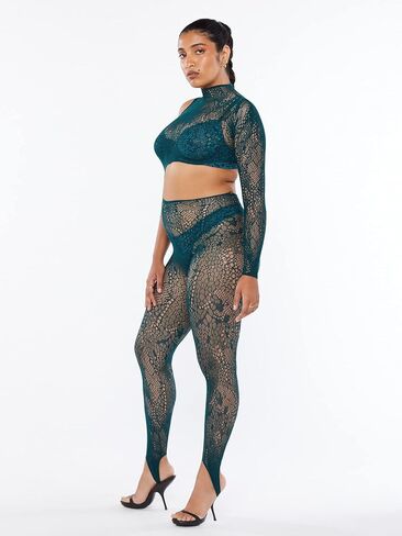 Savage X Fenty, Women's, Cold-Hearted Snake Asymmetrical Lace Catsuit, Hunter Green, Missy in Saudi Arabia