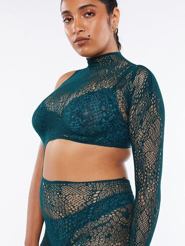 Savage X Fenty, Women's, Cold-Hearted Snake Asymmetrical Lace Catsuit, Hunter Green, Missy in Saudi Arabia