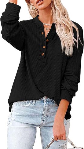 LYANER Women's Rib Knit Collar V Neck Button Down Long Sleeve Blouse Shirt Top in Saudi Arabia