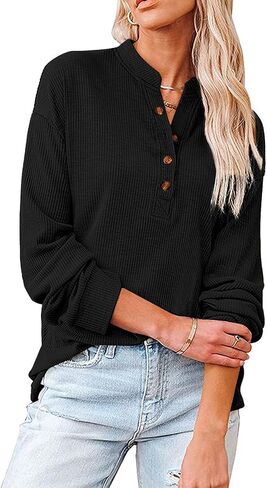 LYANER Women's Rib Knit Collar V Neck Button Down Long Sleeve Blouse Shirt Top in Saudi Arabia