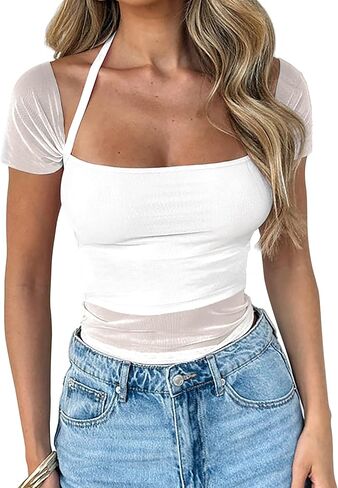 CSDAJIO Sheer Mesh Short Sleeve Crop Top Square Neck Cropped T Shirt Cute Tops for Women Trendy in Kuwait