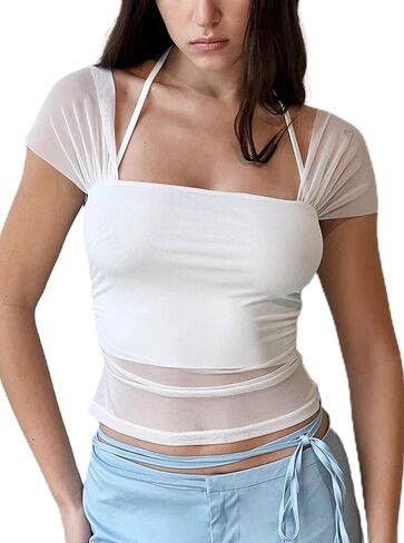 CSDAJIO Sheer Mesh Short Sleeve Crop Top Square Neck Cropped T Shirt Cute Tops for Women Trendy in Kuwait
