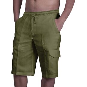 Qekoma Men's Casual Hawaiian Shorts Elastic Waist Drawstring Lightweight Cotton Linen Shorts Summer Beach Vacation Shorts