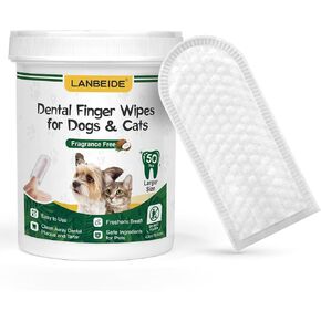 LANBEIDE Updated Larger Pet Teeth Cleaning Wipes for Dogs & Cats, Dog Dental Wipes No-Rinse Dog Finger Toothbrush for Reducing Plaque & Tartar, Breath Freshener Dental and Gum Care Pet Wipes 50 Counts