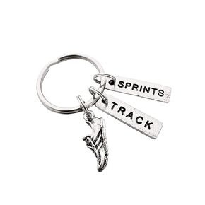 Pewter RUN TRACK SPRINTS Key Chain - Pewter Running Shoe Charm, Pewter TRACK and Pewter SPRINTS Pendant on Round Key Ring - Track Sprinter Sprinting Race - All Pewter Key