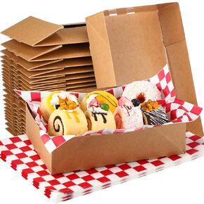 Laumoi 50 Set Kraft Paper Food Tray 4 Corner Pop up Paperboard Food Box Disposable Foldable Cardboard Trays Brown Greaseproof Food Paper Box with Checkered Food Wrapping Paper for Theater Stadium