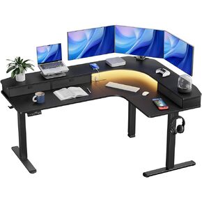 HUANUO 65″ L-Shaped Standing Desk with Power Outlets & LED Strip, Support C-Clamp Mount, Electric Height Adjustable Corner Computer Desk with 3 Drawers, Sit Stand Up Desk with Large Power Strip Holder
