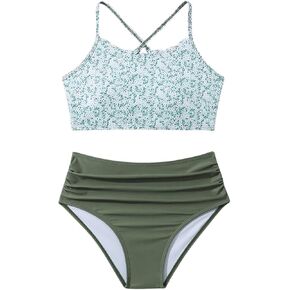 OYOANGLE Girl's 2 Piece Floral Print Bikini Set Swimsuit Criss Cross Spaghetti Straps Ruched Beachwear in Saudi Arabia