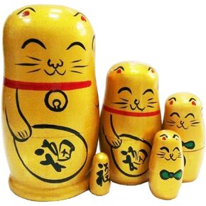 Winterworm Set of 5 Maneki Neko Lucky Cat Golden Wooden Traditional Russian Nesting Dolls Japanese Chinese Character Fu Handmade Christmas Birthday Gift for Kids Boys Girls Home Decoration