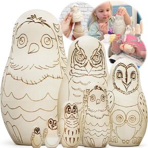 AEVVV Owl Craft Blank Russian Nesting Dolls Set 7 pcs - Unfinished Wood Crafts Paint Your Own Matryoshka Owl Figurines - Blank Owl Nesting Dolls Unpainted