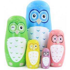 5 Pcs Cartoon Owl Pattern Wooden Russian Nesting Dolls Colorful Animal Matryoshka Dolls Wooden for Home Decoration Kids Stacking Dolls Toy Birthday