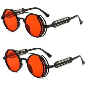 Calsgkspray 2Pcs Red Retro Steampunk Sunglasses Vintage Style Sun Glasses Round Metal Frame Circle Glasses Street Shot Eyewear Unisex Cool Sun Glasses Gifts,Sunglasses and Eyewear Accessories