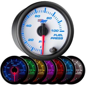 GlowShift White 7 Color 100 PSI Fuel Pressure Gauge Kit - Includes Electronic Sensor - White Dial - Clear Lens - for Car & Truck - 2-1/16" 52mm
