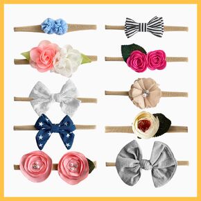 BlueMelon 10 Pcs Assorted design Baby Hairband Bow Elastic Soft Nylon Baby Girl Headbands Hair Accessories For Newborn Baby Girls Infant Toddlers Kids (Pack of 10)