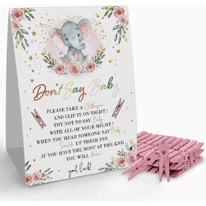 Don't Say Baby Clothespin Games Sign (1 Sign + 50 Mini Clothespins), Pink Elephant Baby Shower Game, Baby Shower Decoration, It's a Girl